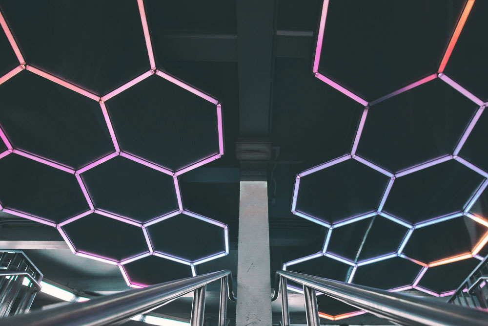 Photo of rgb hex lights on the ceiling.